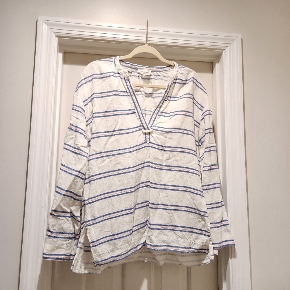 Striped V-Neck Long Sleeve Top - White & Blue